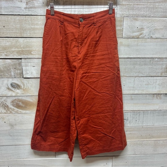 Uniqlo Pants Womens XS Rust Brown Cropped Linen‎ Blend High Waist Wide Leg - Picture 1 of 11